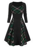 Plus Size Retro Dress, Women's Plus Colorblock Plaid Print Button Decor Long Sleeve Square Neck A-line Dress
