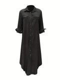 Solid Button Front Shirt Dress, Casual Long Sleeve Maxi Dress, Women's Clothing