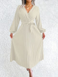 Elegant Micro-Elastic Tunic Dress – Solid Pleated V-Neck with Lantern Sleeves & Belt, Perfect for Adult Women's Fall/Winter Fashion