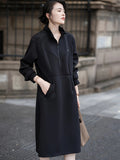Korean Style A-Line Midi Dress - Polyester and Elastane Blend, Casual Wear for Spring and Autumn, Small Collar, No Pattern, No See-Through, Comfortable and Versatile for Women
