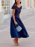 Stunning Off The Shoulder Midi Wedding Guest Dress - Elegant A-line Cocktail Party Dress with Swing Hem - Chic, Sophisticated, and Timeless Style for Women