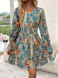 Paisley Print V-neck Vintage Dress, Shirred Waist Ruffle Hem Swing Dress For Spring & Fall, Women's Clothing