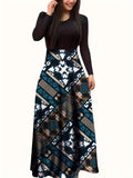 Floral Print Long Sleeve Dress, Elegant Crew Neck Pleated Maxi Dress, Women's Clothing