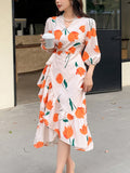 Stunning Floral Print Wrap Dress - Elegant Surplice Neckline, Ruffled Hem, Lantern Sleeves, Flowy Silhouette, Comfortable Wear, Women's Clothing