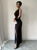 Chic One-Shoulder Knit Dress - Long Sleeve, Solid Color, Flattering Fit, Spandex Blend for Comfort, Elegant Hollow Detail, Suitable for All Seasons and Occasions