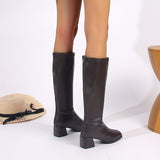 Stylish High-Knee Boots for Women - Comfortable Pull-On Chunky Heel Slim Boots with Back Zipper - Solid Color Minimalist Design for Everyday Wear
