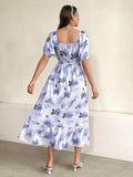 Charming Floral Print Square Neck Aline Dress - Flirty Short Sleeves with Ruffle Trim, Timeless Style for Spring & Summer - Feminine, Elegant Womens Clothing