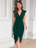 Elegant Women's Solid Surplice Neck Ruched Dress with Flutter Sleeve and Asymmetrical Hem for Elegant Dressing