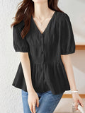 Chic V-Neck Short Sleeve Blouse - Solid Color, Polyester, Machine Washable - Perfect for Spring & Summer