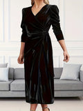 Plus Size Ruched Velvet Dress - Elegant Surplice Neck, Flattering Silhouette, Comfortable Women's Clothing for Special Occasions