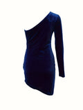 Vibrant Velvet One Shoulder Ruched Bodycon Dress with Feather Detail and Rhinestone Accents - Sultry Womens Clothing for Night Out or Party - Elegant and Glamorous Fashion for Ladies
