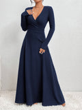 Long Sleeve Elegant Fit and Flare Maxi Dress - Soft Micro Elasticity Polyester Fabric, V-Neck Ribbed Surplice Neck, Machine Washable, Customized Style for Women - Perfect for Spring and Fall Seasons