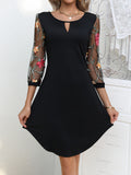 Zjkrl  -  Three-quarter Illusion Sleeve Floral Dress, Casual Keyhole Crew Neck Loose Dress, Women's Clothing