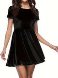 Elegant Velvet Dress - Fitted Solid Waist, Ruffled Hem, Short Sleeves, Classic Crew Neck - Exuding Sophistication, Designed for Womens Clothing