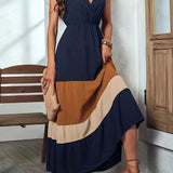 Zjkrl  -  Vibrant Color Block Surplice Neck Maxi Dress - Elegant Sleeveless A-Line Silhouette, Micro Elasticity, Polyester Fabric, Solid Color, Summer Essential - Womens Elegant Clothing for Special Occasions