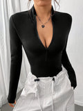 Slim-Fit Women's Bodysuit - Elegant Solid Color Zip-Up, Stretchy Polyester & Spandex Blend, Machine Washable