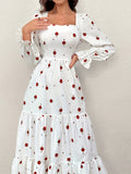 Elegant Women's Floral Print A-line Dress, Long Sleeve Square Neck Ruffle Hem Dress for Spring & Fall