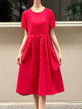 Zjkrl  -  Vibrant Color Crew Neck Chic Dress - Women's A-line Dresses with Short Sleeves, Cinched Waist, Minimalist Design for Spring & Summer, Elegant Casual Wear for Ladies