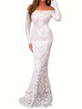 Mother of the Bride Mermaid Dress - Elegant Off Shoulder Graphic Pattern Bodycon Dress for Party, Banquet, and Special Occasions, Slim Fitting, Women's Formal Clothing