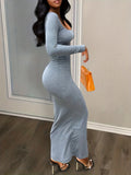 Zjkrl  -  Squared Neck Solid Maxi Dress, Casual Long Sleeve Bodycon Dress, Women's Clothing