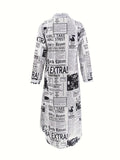 Zjkrl  -  Chic Newspaper Print Womens Dress - Versatile Button-Down Style with Flattering Long Sleeves - A Fashionable Everyday Shirt Dress for Your Wardrobe
