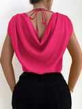 Elegant Micro Elasticity Crew Neck Blouse - Soft Polyester Draped Tie Back Shirt for Spring & Summer - Womens Solid Color Short Sleeve Shirting with Elegant Style