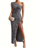 Glamorous Sequined One-Shoulder Gown - Thigh-High Slit, Tailored Fit - Ideal for Parties & Galas
