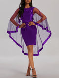 Mesh Shawl Solid Pencil Dress, Crew Neck Long Sleeve Dress For Spring & Fall, Women's Clothing