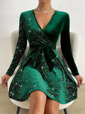 Stunning Solid Contrast Sequin Mini Dress - Elegant V Neck Long Sleeve Dresses for Women - Sparkling Evening Wear with Flattering Fit and Chic Design
