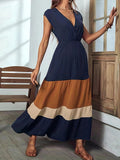 Zjkrl  -  Vibrant Color Block Surplice Neck Maxi Dress - Elegant Sleeveless A-Line Silhouette, Micro Elasticity, Polyester Fabric, Solid Color, Summer Essential - Womens Elegant Clothing for Special Occasions