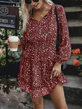 Ditsy Floral Print Dress, Elegant Ruffle Hem Drawstring Long Sleeve Dress, Women's Clothing