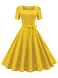 Summer Vintage Chic Polka Dot Dress – Elegant Square Neck, Knee-High with Belt, Breathable Cotton Blend – Easy Care