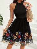 Elegant Women's Floral Pattern Halter Neck A-line Dress, Sleeveless Cut Out Design, Perfect for Various Occasions