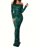 Mother of the Bride Mermaid Dress - Elegant Off Shoulder Graphic Pattern Bodycon Dress for Party, Banquet, and Special Occasions, Slim Fitting, Women's Formal Clothing