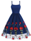 Vintage-Inspired Fitted Cocktail Dress - Elegant Spaghetti Strap, Floral Embroidery, Knit Fabric, Mesh Overlay, 100% Polyester, All-Season Wear, Embroidered, Fitted Silhouette, Comfortable, Party-Perfect - Ideal for Women's F