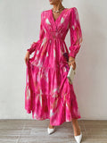 Four-Season Wear Polyester Midi Elegant Dress with V-Neck, Leaf Hem, Floral Print, and Random Pattern