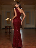 Long One Shoulder Sequin Bodycon Dress - Elegant Sleeveless Mermaid Hem, Contrast Sequin, Micro Elasticity, Hand Wash, Customized, Solid Color, All-Season Party & Banquet Dress for Women