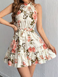 Floral Print Ruffle Hem Dress, Elegant Belted Sleeveless Halter Dress For Spring & Summer, Women's Clothing