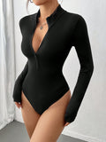 Slim-Fit Women's Bodysuit - Elegant Solid Color Zip-Up, Stretchy Polyester & Spandex Blend, Machine Washable