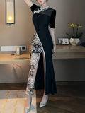 Long Length Floral Print Bodycon Cheongsam Dress - Elegant Mandarin Collar, Half Sleeve, Semi-Sheer, Micro Elasticity, Regular Fit, Slit Hem, Polyester Fabric, Random Printing - Womens Elegant Clothing for All Seasons