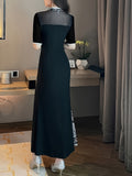 Long Length Floral Print Bodycon Cheongsam Dress - Elegant Mandarin Collar, Half Sleeve, Semi-Sheer, Micro Elasticity, Regular Fit, Slit Hem, Polyester Fabric, Random Printing - Womens Elegant Clothing for All Seasons