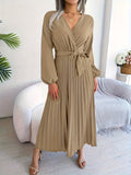 Elegant Micro-Elastic Tunic Dress – Solid Pleated V-Neck with Lantern Sleeves & Belt, Perfect for Adult Women's Fall/Winter Fashion