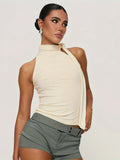 Chic Summer Sleeveless Turtleneck Top for Women - Solid Color with Tie-Front Detail, Stretchy Polyester Blend, Machine Washable
