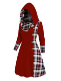 Chic Plaid Hooded Dress - Long Sleeve A-Line Style with Trendy Splicing - Perfect Casual Wear for Women - Autumn/Winter Fashion Staple