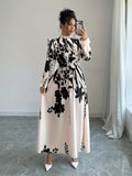 Stunning Floral Print Long Sleeve Belted A-line Dress with Elegant Ruffle Trim Mock Neck, Women's Clothing