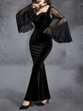 Elegant Gothic Velvet Mermaid Dress: Stretchy Polyester Blend, Low Neck, Semi-Sheer, Machine Washable with Contrast Mesh & Ruffle Sleeves
