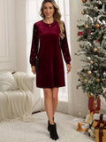Elegant Velvet Dress with Pearl Accents - Lantern Sleeves, Crew Neck, Machine Washable - Perfect for Fall/Winter