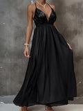 Sequined Deep V-neck Halter Dress, Elegant Smocked Aline Dress For Party & Banquet, Women's Clothing