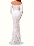 Mother of the Bride Mermaid Dress - Elegant Off Shoulder Graphic Pattern Bodycon Dress for Party, Banquet, and Special Occasions, Slim Fitting, Women's Formal Clothing