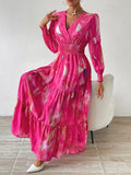 Four-Season Wear Polyester Midi Elegant Dress with V-Neck, Leaf Hem, Floral Print, and Random Pattern